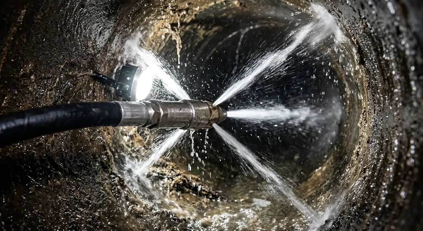 High-pressure hydro jetting nozzle cleaning sewer pipe for Sewer Cleanout in Poolesville