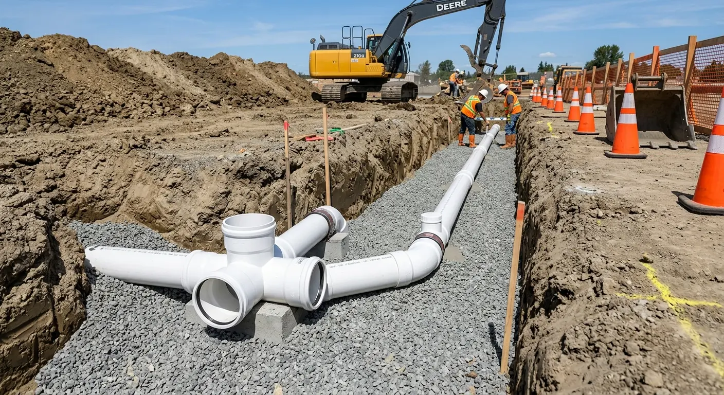 New PVC sewer pipe installation in open trench for Sewer Backup in Poolesville