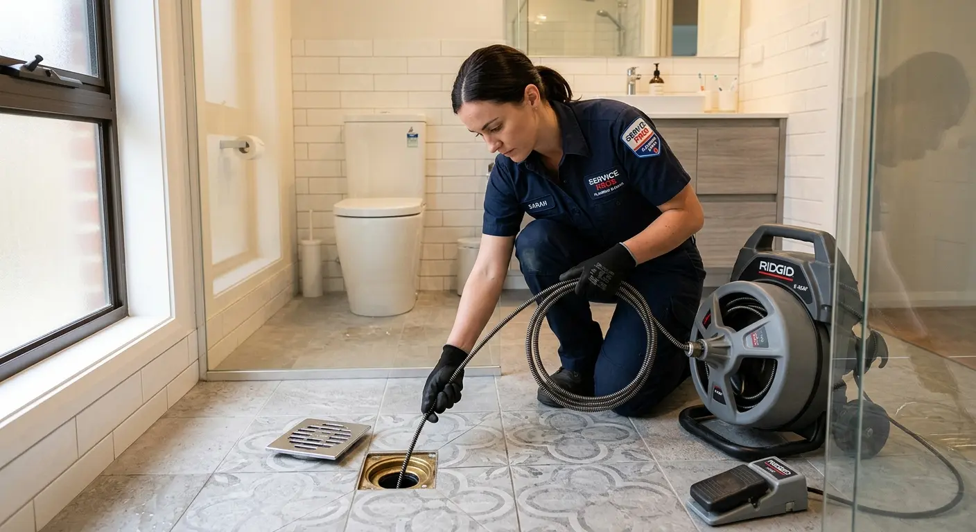 Technician clearing a bathroom floor drain for Drain Cleaning in Poolesville